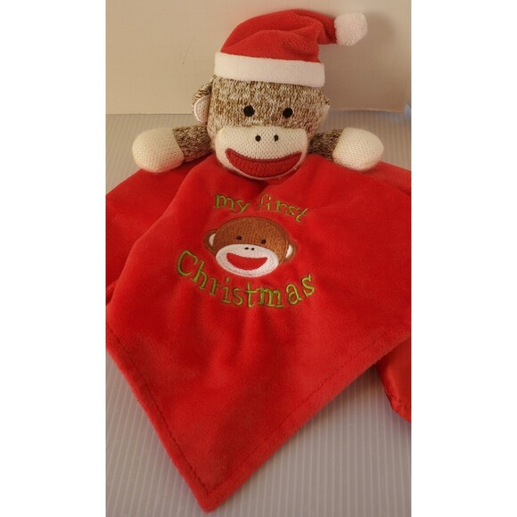 Baby Starters Security Blanket Sock Monkey My First Christmas Plush Lovey Rattle - Picture 9 of 10